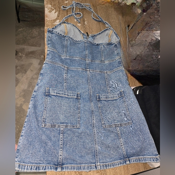 American Eagle AE Stretch Denim Jean Halter Mini Dress Zip Front Sz 12 or L - Picture 8 of 9